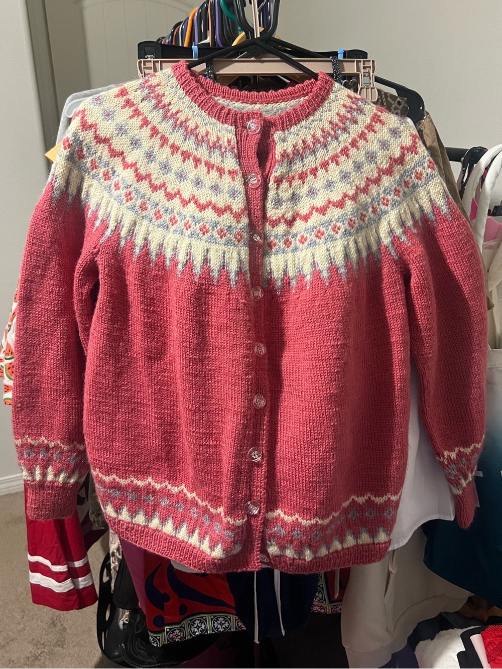 Women’s Pink Fair Isle Button-Front Cardigan Sweater - Picture 4 of 16